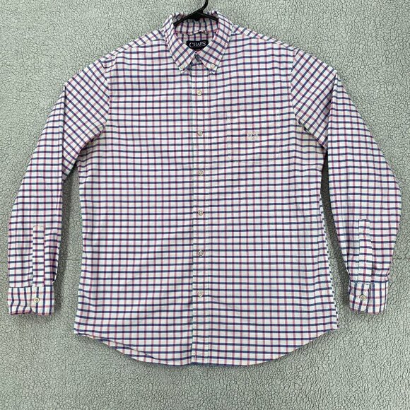 Chaps Shirt Men's Large Dark Pink Blue Plaid Long Sleeve Stretch Oxford Office - Picture 1 of 11